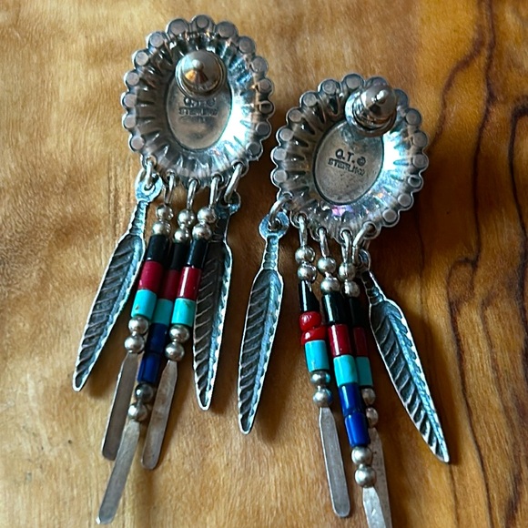 925 Colorful Concho Earrings With Stone Inlay and Dangles - Picture 4 of 6